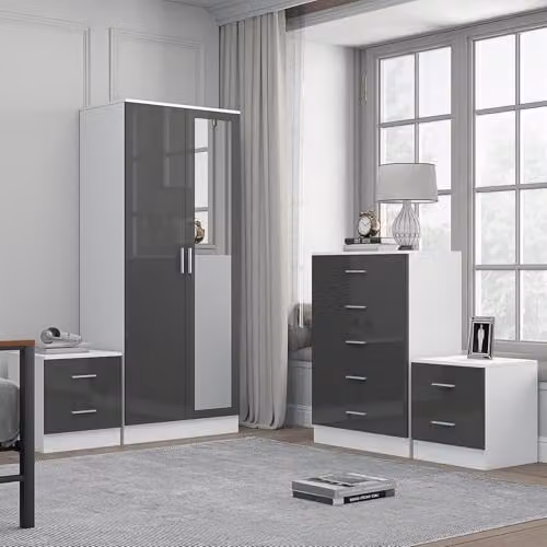 Reflect Modern Bedroom Furniture Set in Grey Gloss and Matt White Finish featuring 2 Door Mirror Wardrobe, 5 Drawer Tallboy Chest and 2 Bedside Tables