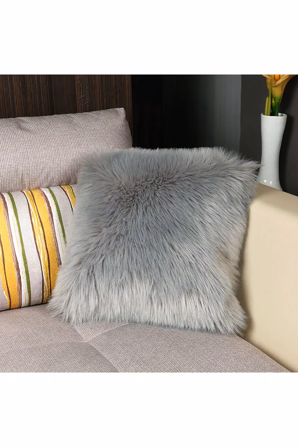 Living and Home Grey Fluffy Faux Wool Square Cushion Cover, W/D/H: 50 x 50 x 50 cm – 3