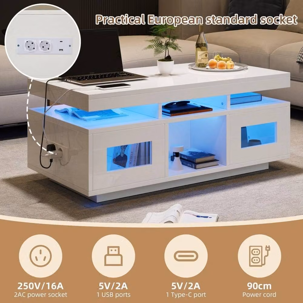 KORVIXA Modern White Square Coffee Table with Lift Mechanism and Acrylic Doors W/D/H: 100 x 100 x 50 cm – 3