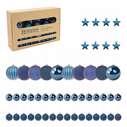 The Christmas Workshop Set of 50 Shatterproof Textured Plastic Christmas Tree Baubles in Blue – 1