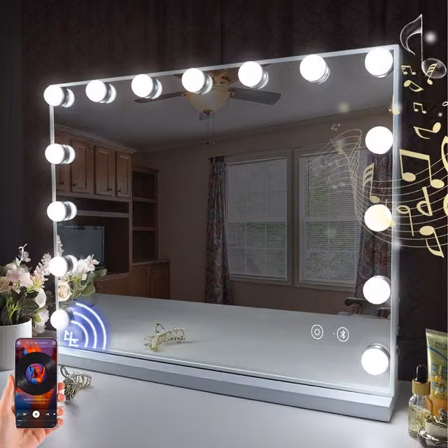 FENCHILIN Bluetooth Hollywood Light Up Vanity Mirror with LED Lights, White Metal and Glass, W: 46 cm, H: 58 cm
