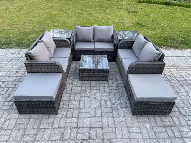 Fimous 8 Seater Rattan Garden Furniture Set in Dark Grey with U-Shape Sofa, Love Seat, Square Coffee Table and 2 Ottomans