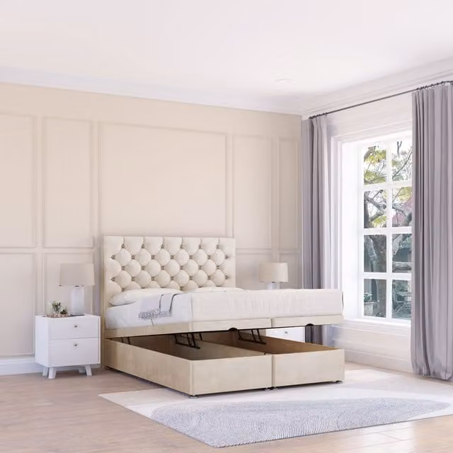 Sloomy Mayfair Double Ottoman Bed with Lift Up Base, Chesterfield Upholstered Fabric Headboard and Hybrid Memory Mattress in Beige, W/D/H: 140 x 200 cm