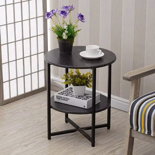 EONLION 2 Tier Small Round Sofa Side Table in Black