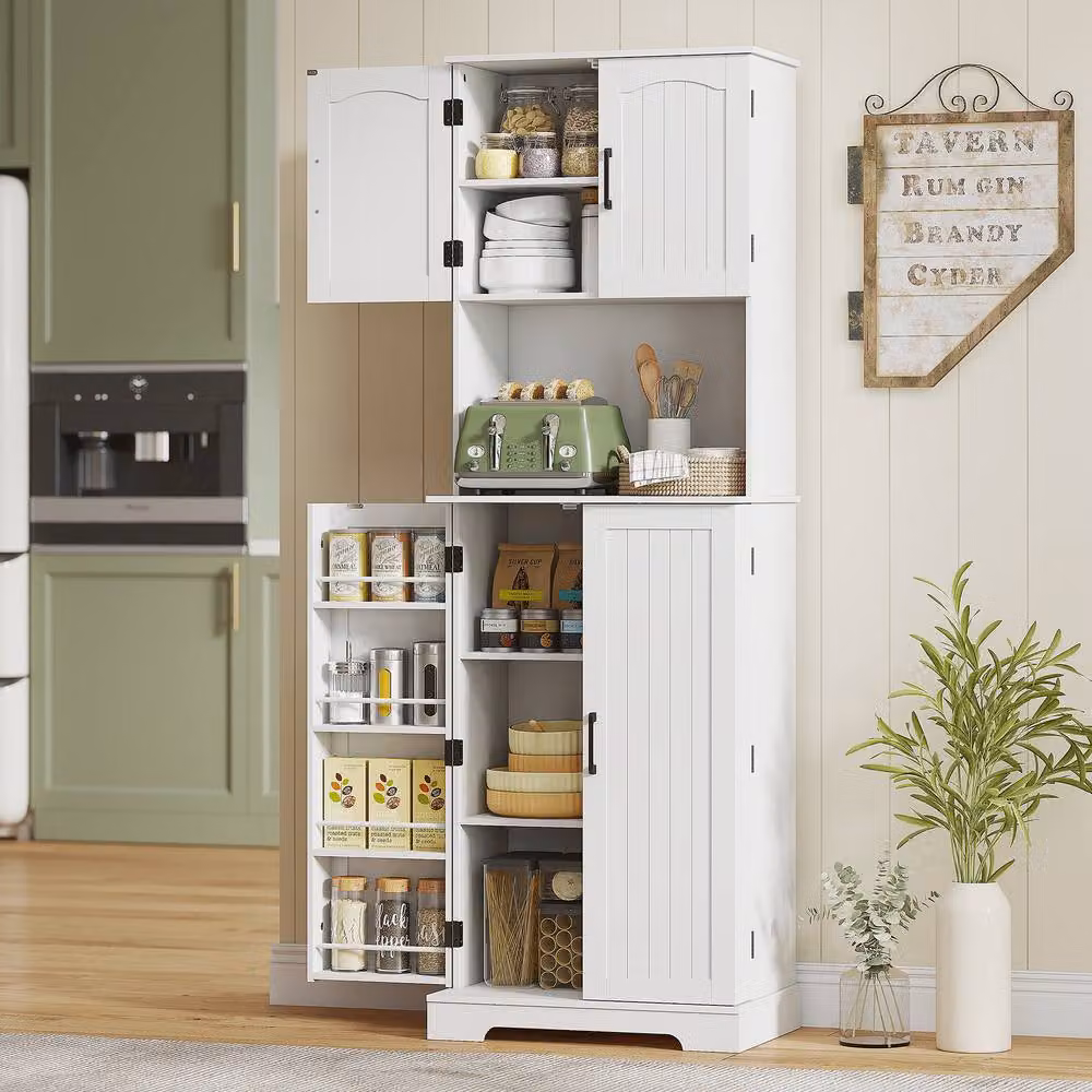 HOMCOM Modern White Tall Storage Cabinet with Hinged Doors and Open Shelves – 2