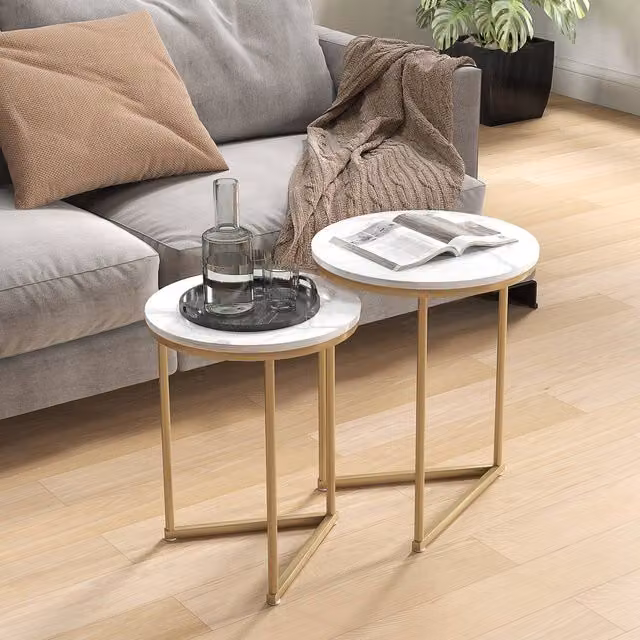 STILVORA Set of 2 Modern Nesting Tables with Gold Sled Bases and Round Marble-Effect Tops – 1
