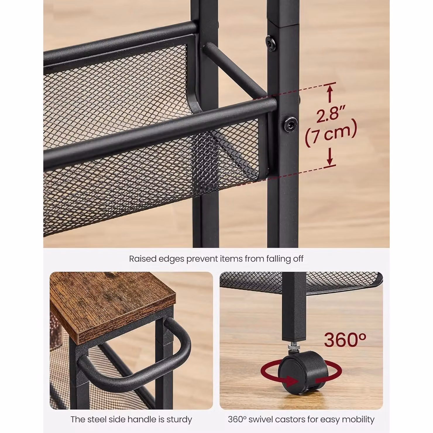 VASAGLE 5-Shelf Rolling Kitchen Cart with Castors and Handle in Black – 3