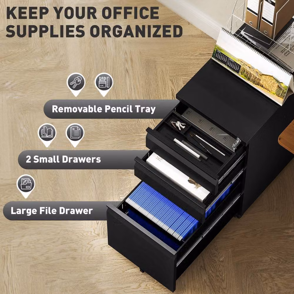 FORGEVIO 3-Drawer Metal Filing Cabinet with Lock and Castors, Black – 3
