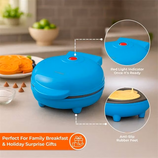 SPETLEK Mini Waffle Maker 550W Non Stick Teddy Bear Shaped in Blue