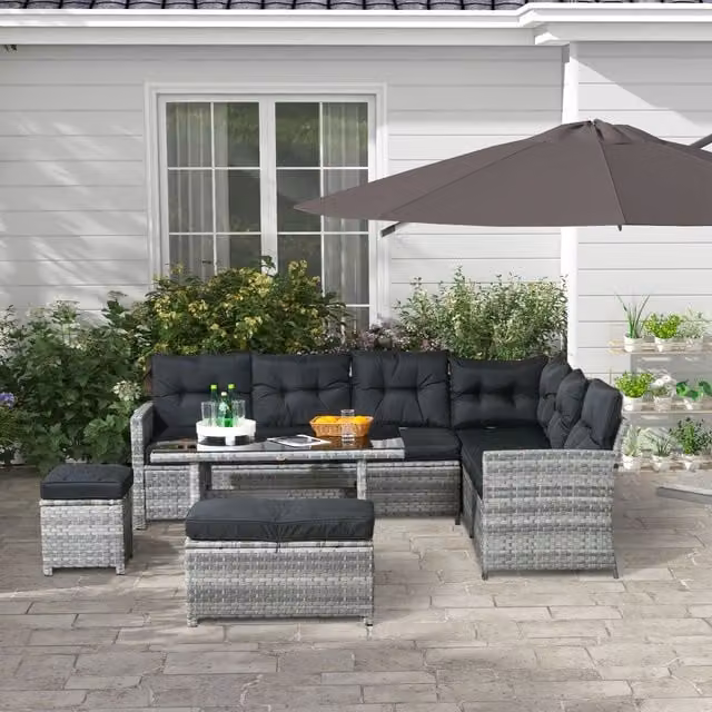 Outsunny 5 Piece L-Shape Rattan Garden Furniture Set in Grey with 3-Seater Sofa, Coffee Table, Ottoman and Cushions – 8