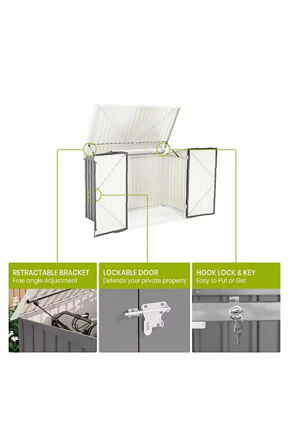 Living and Home Heavy Duty Steel Outdoor Bicycle and Bin Store Shed in Grey, H 210 x W 130 x D 105 cm – 3