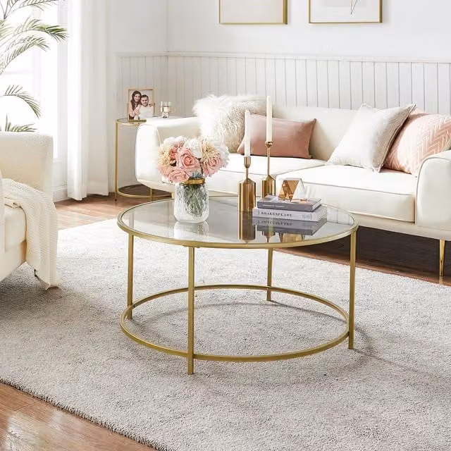 VASAGLE Modern Round Glass Coffee Table with Storage, White and Gold