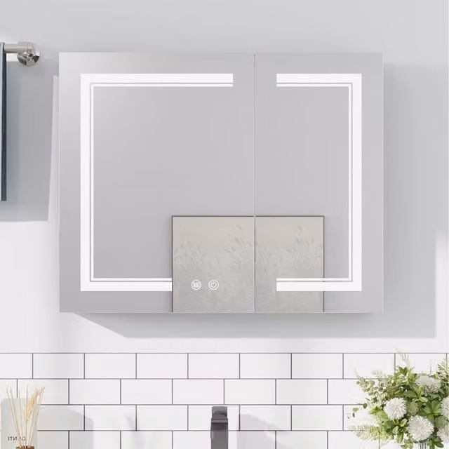 Lifeideas Silver Glossy Wall Mounted LED Mirror Cabinet with Shaver Socket and Internal Shelves
