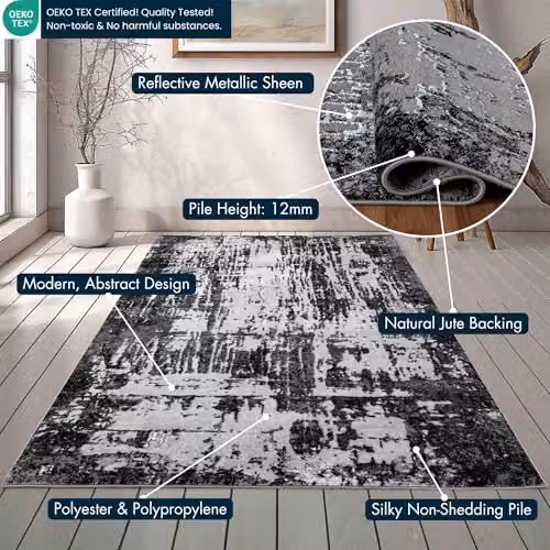 Serdim Rugs Abstract Metallic Marble Living Room Area Rug, Black, W: 160 cm, L: 230 cm – 2