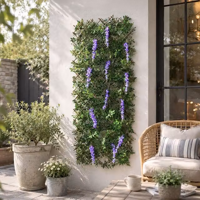 Marco Paul Artificial Wisteria Woven Willow Trellis Garden Privacy Screen in Green and Purple, W/H: 60 x 180 cm