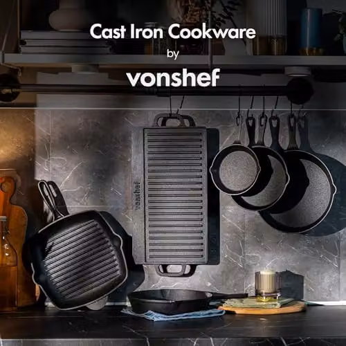 VonShef 3-Piece Pre-Seasoned Non-Stick Cast Iron Skillet Pan Set in Black, Diameter: 15 cm, 20 cm, 25 cm – 6