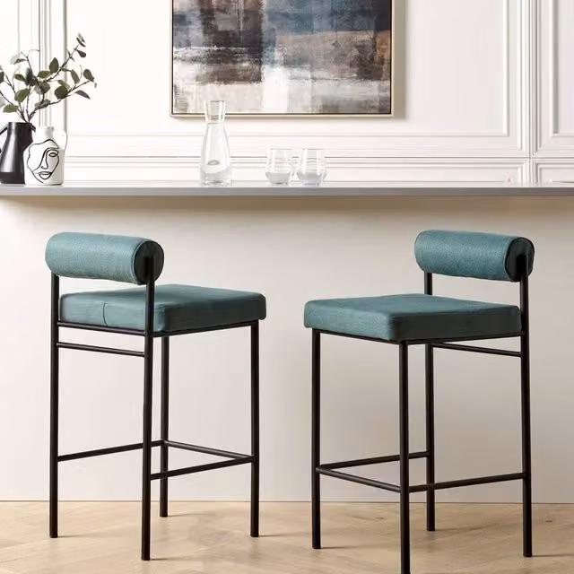 Wyld and Coco Set of 2 Teal Petrol Green Bar Stools with Roll Backrest and Metal Legs – 1