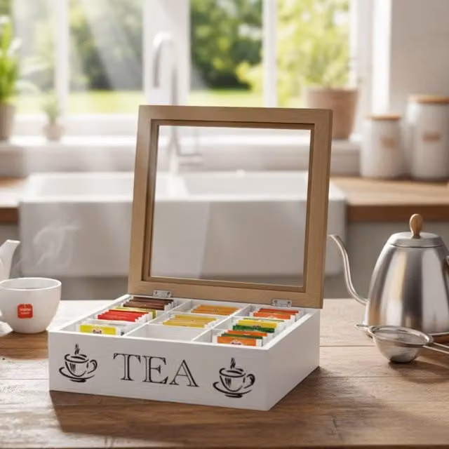 Maison Des Cadeaux 9 Compartment Tea Storage Box with Glass Lid in White