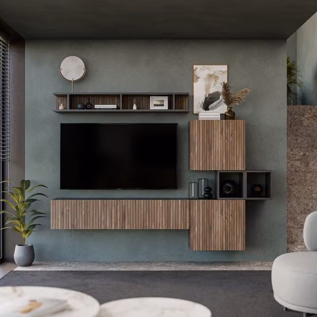 Decorotika Lisboa Wall Mounted Entertainment Center in Black and Walnut with Alina Pattern