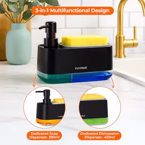 Innoteck Essentials 3-in-1 Hand and Dish Soap Dispenser with Sponge Holder, Black, 420ml and 380ml Capacity – 2