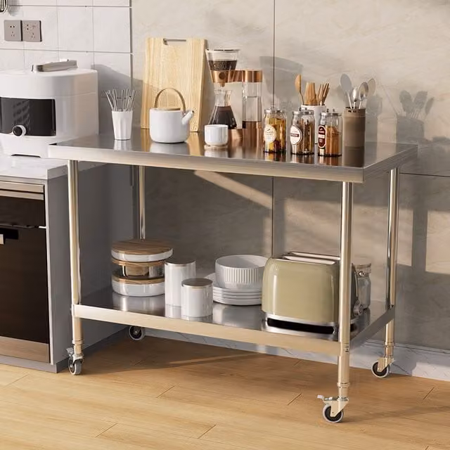 Livingandhome Rollable Two-Tier Stainless Steel Workbench in Silver, Width: 120 cm