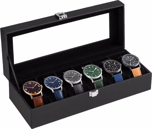 Innoteck Black Leather Watch Display Box with Glass Lid for 6 Watches