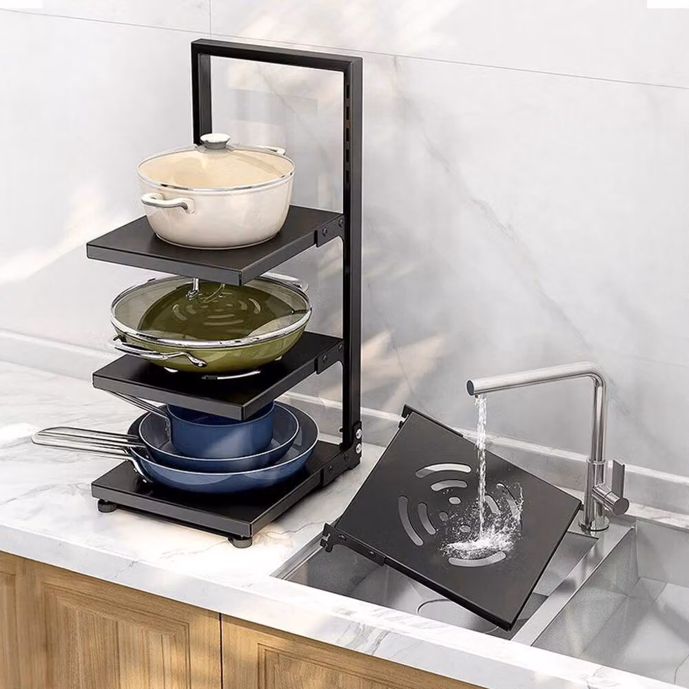 PAWNORA 4 Tier Freestanding Metal Kitchen Pan and Saucepan Rack, Black, W: 53.0 cm, D: 27.0 cm – 3