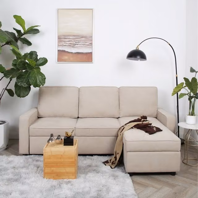 Home Garden Direct Selene L-Shape Corner Sofa Bed in Beige Linen Fabric with Pull-out Drawer and Solid Wood Frame