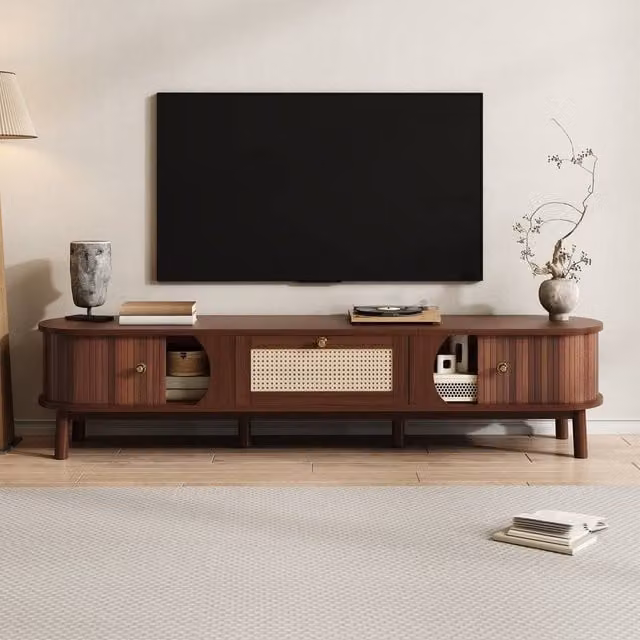 Merax Walnut TV Cabinet with Slatted Wood Doors and Rattan Drawers, W: 170 cm, D: 39.5 cm, H: 38 cm
