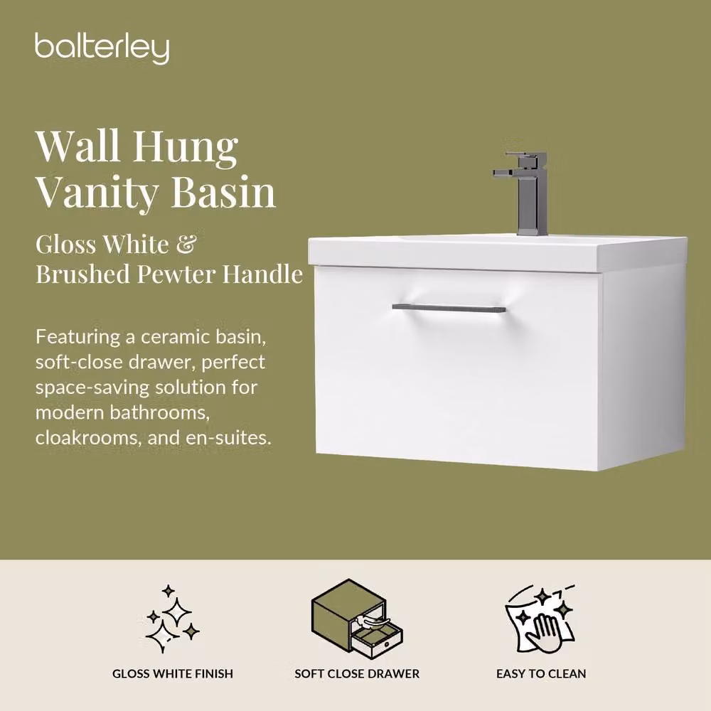 Balterley Gloss White Wall Hung 1 Drawer Vanity Basin Unit with Pewter Handle, Width: 60 cm – 2