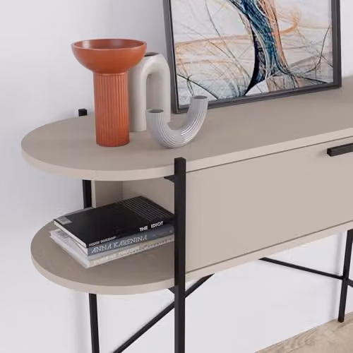 FWStyle Otis Console Table in Matt Sandstone with 1 Drawer and 2 Shelves, Black Frame – 3