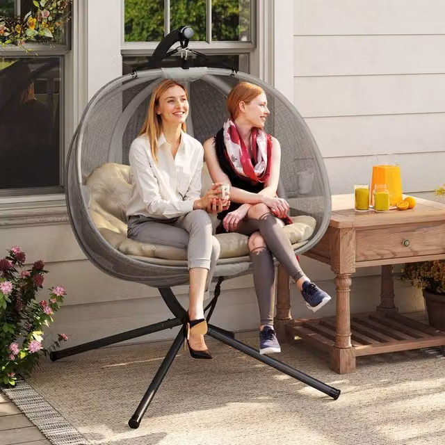 OUTSUNNY Double Hanging Egg Chair 2 Seater Swing Hammock with Cushions in Brown – 1