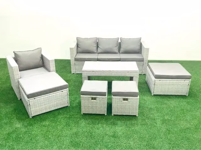 Fimous 8-Seater Rattan Garden Furniture Set in Light Grey with Dark Grey Fabric Cushions