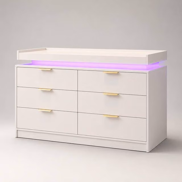 Harmin Luxury White and Gold 6-Drawer Chest with Integrated LED Lighting, W: 116 cm, D: 40 cm, H: 80 cm – 1