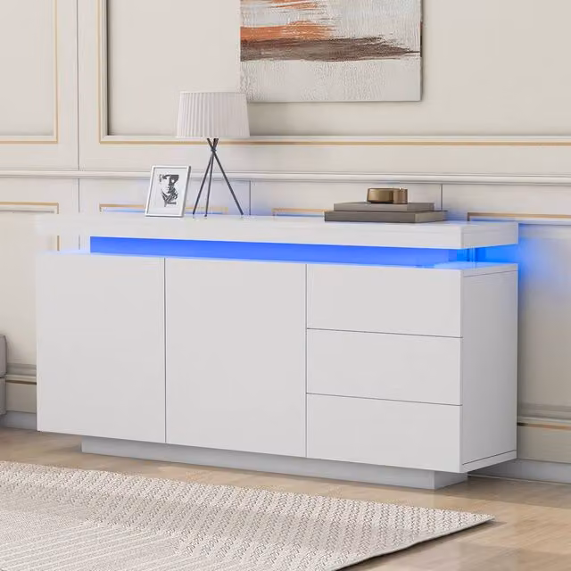 Merax High Gloss White LED Sideboard Cabinet with 3 Drawers and 2 Doors – 1