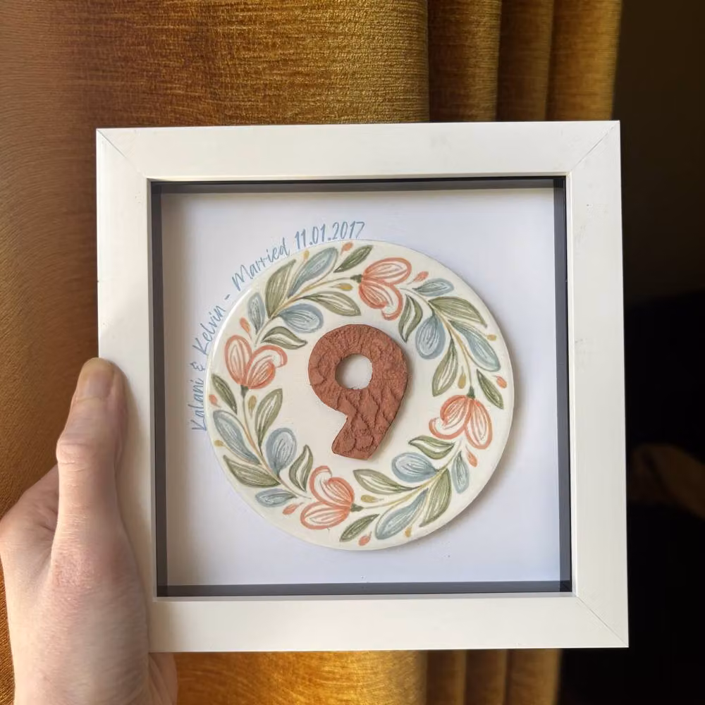 Afewhometruths Personalised 9th Anniversary Terracotta Ceramic Gift in a White Frame – 2
