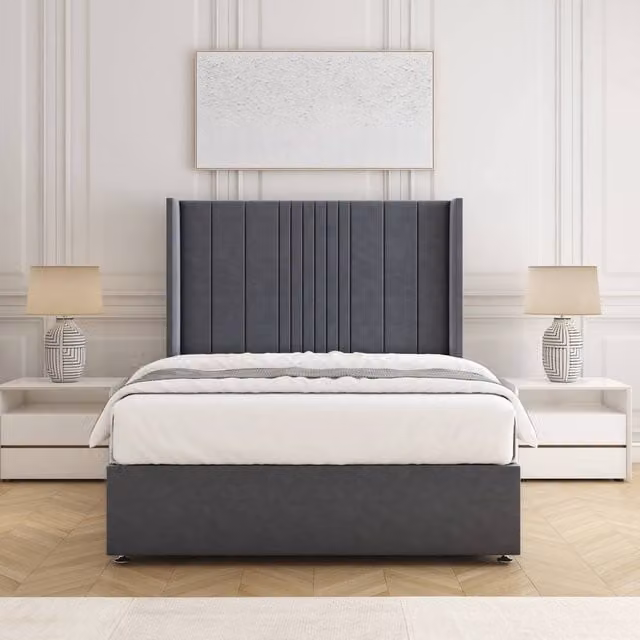 BSSPOKE Charlotte Single Divan Bed Set with 54 inch Headboard and Mattress in Charcoal Grey Plush Velvet