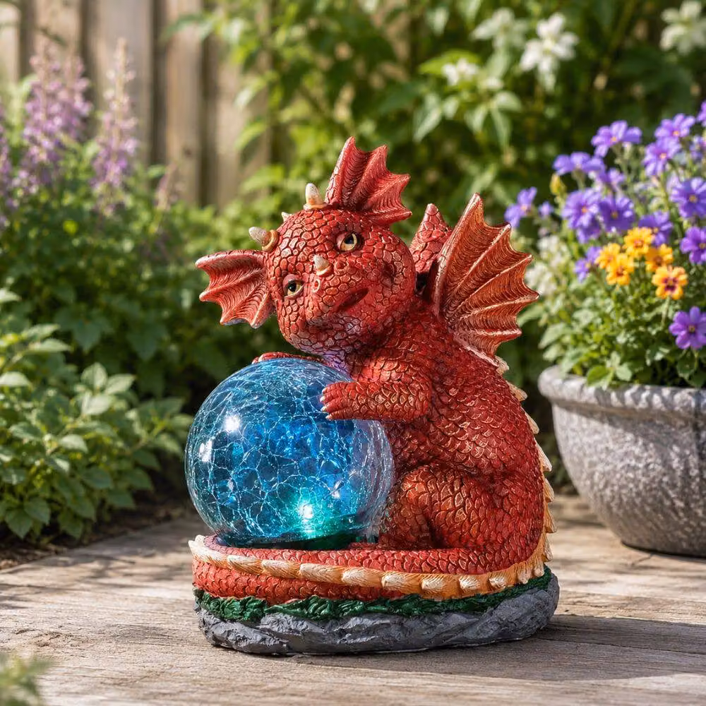 Marco Paul Solar LED Dragon Ornament with Crackle Ball in Red, Height: 70 cm – 3