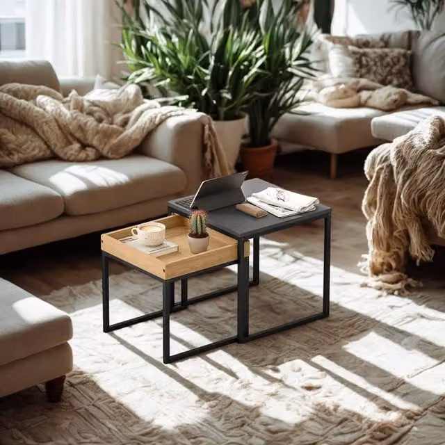 FURNOS Set of 2 Square Nesting Coffee Tables in Black Metal – 1