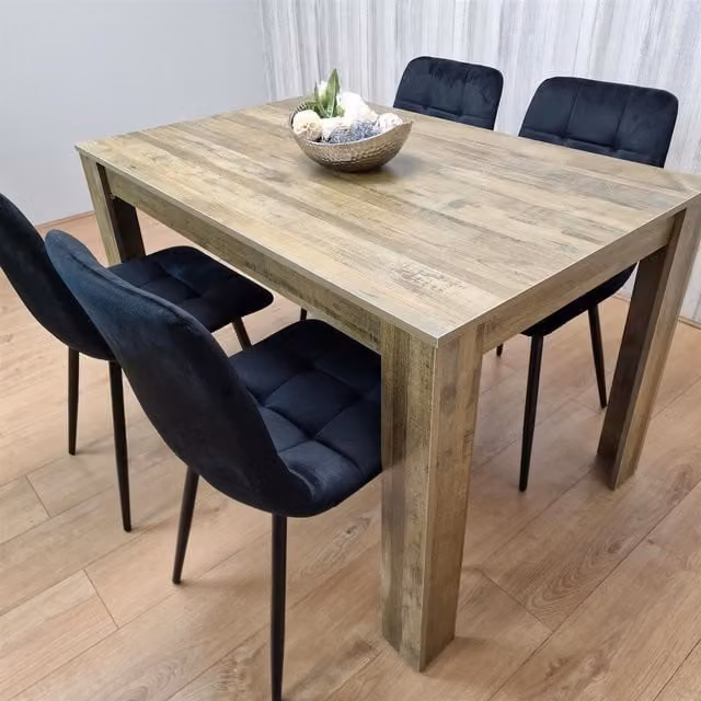 KOSY KOALA Rustic Effect 4 Seater Dining Set with Rectangular Brown Table and 4 Black Velvet Chairs – 1
