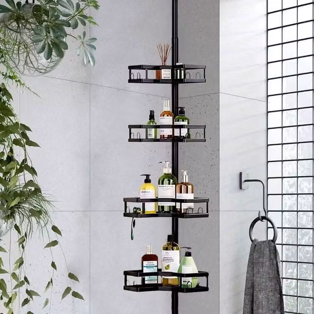 VOGREX 4-Tier Telescopic Corner Shower Caddy Bathroom Rack in Black