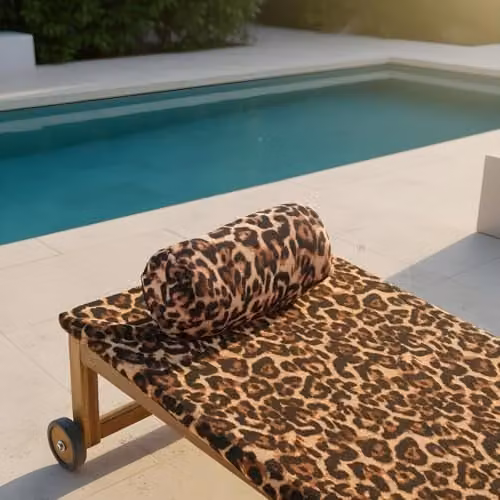 OHS Leopard Print Sun Lounger Towel and Inflatable Bolster Pillow Set in Brown and Multicolour