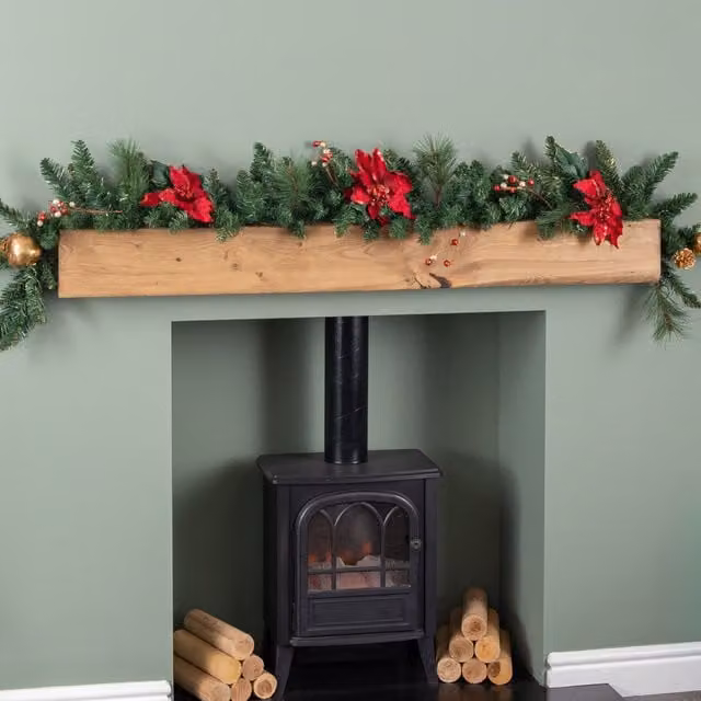 Samuel Alexander 1.8m Deluxe Christmas Garland with Red and Gold Poinsettias and Green Foliage