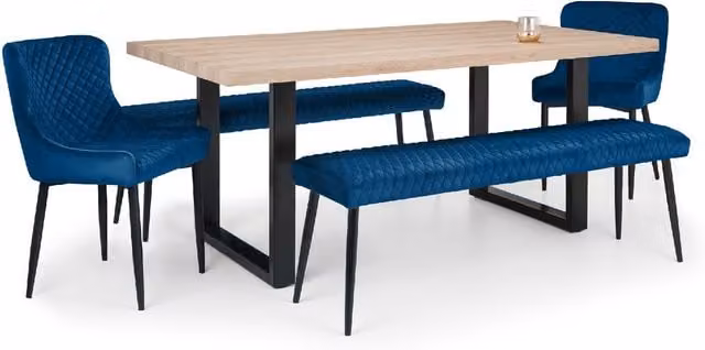 Julian Bowen Berwick Dining Set with Rectangular Oak Table, 2 Luxe Low Benches and 2 Luxe Chairs in Blue and Black