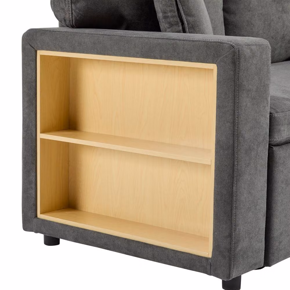Tokpiedi 3 Seater L-Shaped Reversible Sectional Sofa Bed with USB Charging and Side Shelf in Grey Fabric – 9