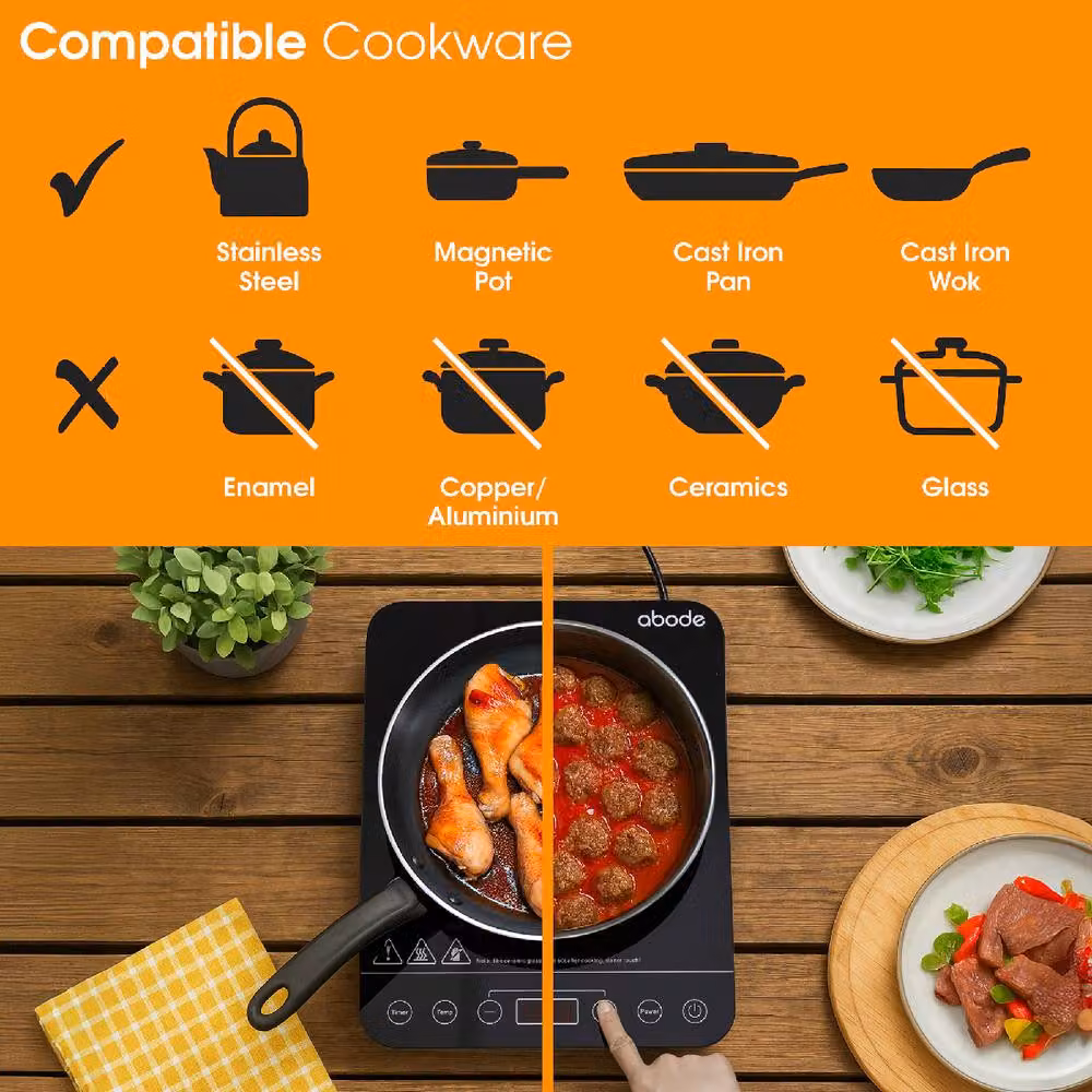 Abode AINDH1002 Portable Single Induction Hob in Black with Digital Touch Control, 2000W, 10 Heat Settings and Timer – 7