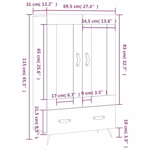 vidaXL Modern Smoked Oak Highboard with Glass Doors and Internal Shelves, W/D/H: 69.5 x 31 x 115 cm – 3