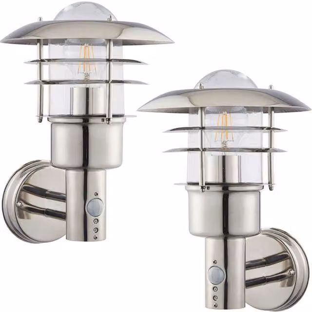 Loops 2 Pack IP44 Outdoor Wall Lanterns in Silver Stainless Steel with Transparent Glass and Motion Sensor – 1