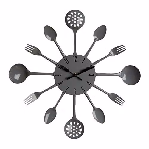 Premier Housewares Grey Metal Cutlery Round Quartz Wall Clock, W/D/H: 33 x 33 x 4 cm