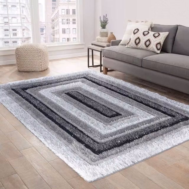 Desire Rugs Modern Soft Bordered Shimmer Shaggy Area Rug, Grey, W: 160 cm, L: 230 cm